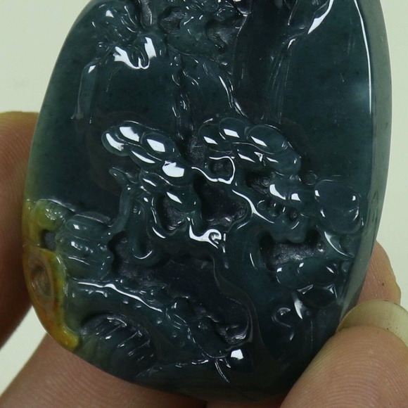 Cert'd Dark Green Natural A JADE jadeite Carved 2-sided Pendant Old pine - Picture 2 of 11